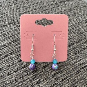 Purple and Blue Jasper Beaded Stainless Steel Silver Tone Earrings